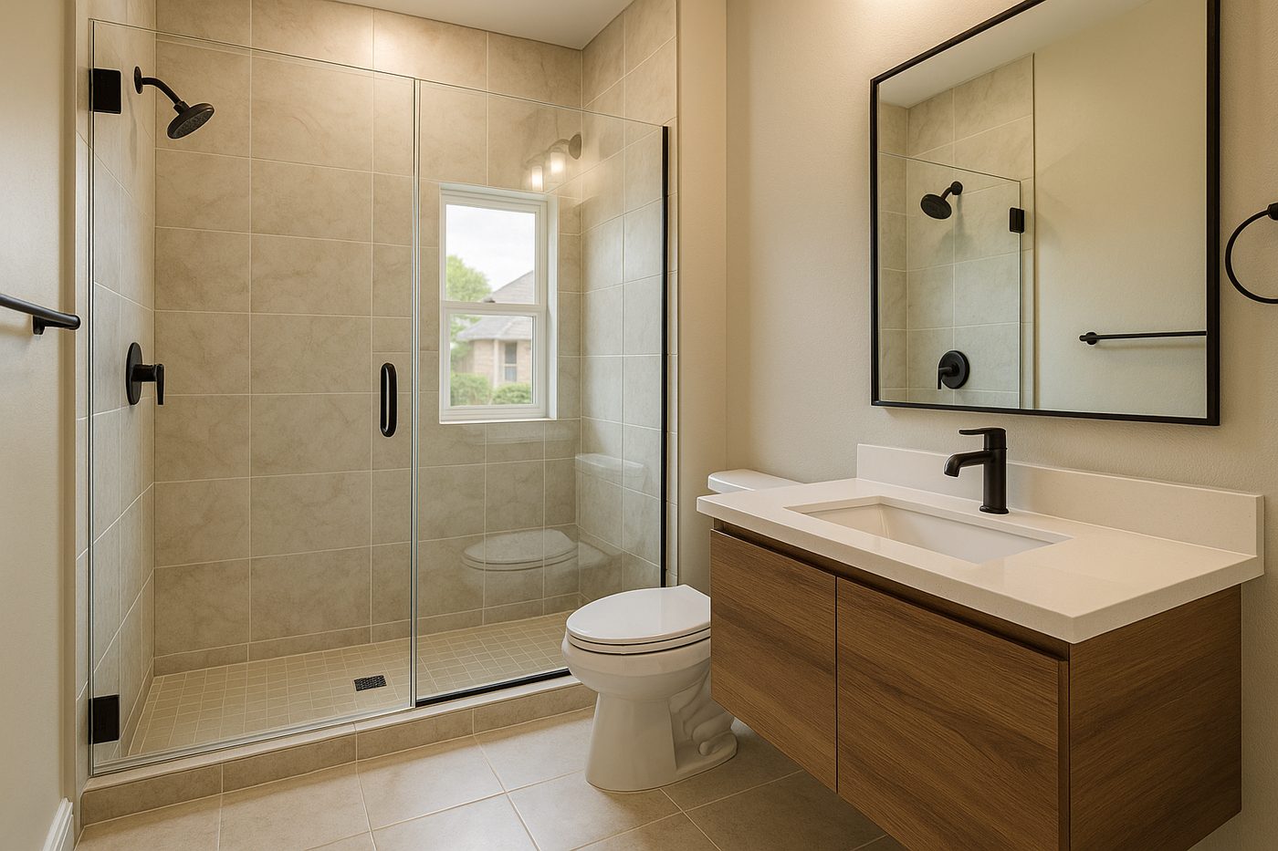 Illustration of a remodeled residential bathroom with a tiled walk-in shower
