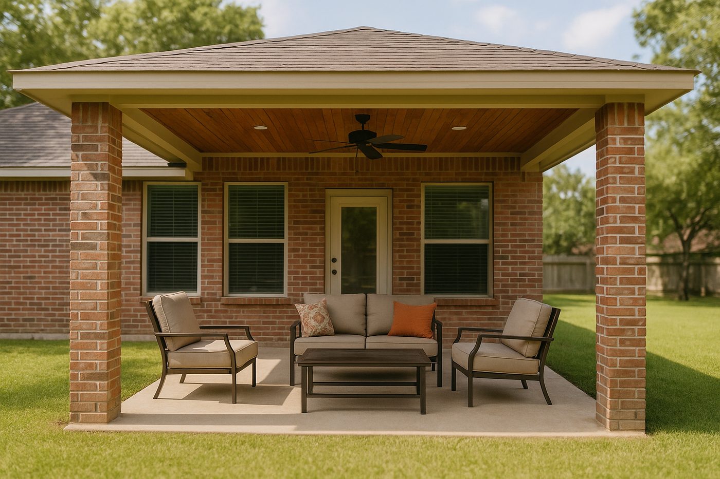 Illustration of a finished covered patio attached to a brick house