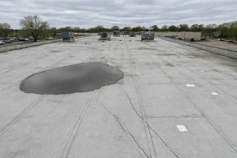 Ponding water and cracking on an aging commercial flat roof in need of repair