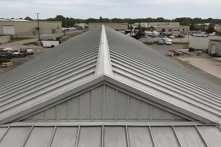 Standing-seam metal roof on a commercial building