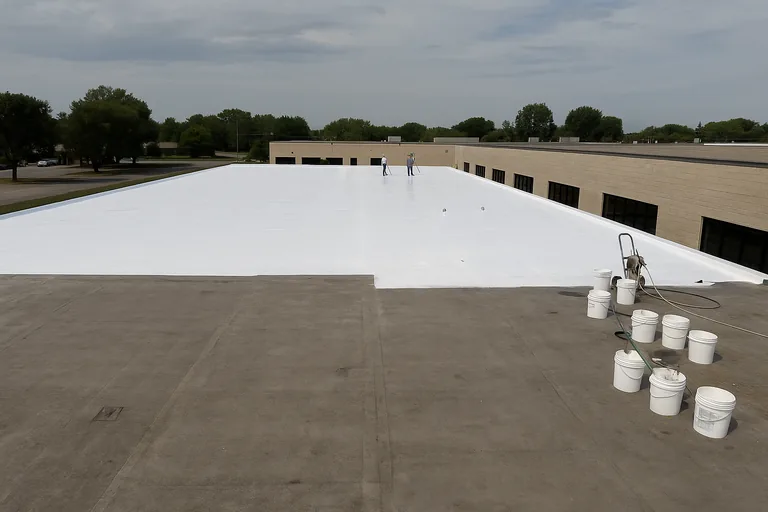 White silicone roof coating being applied over an existing commercial flat roof