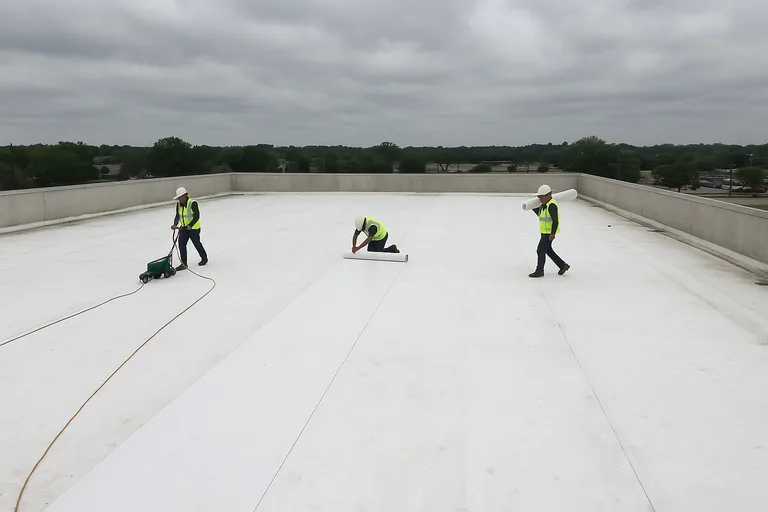 Roofing crew installing TPO membrane on a large flat commercial roof