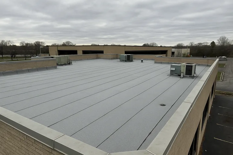 Granulated modified bitumen flat roof on a single-story commercial building