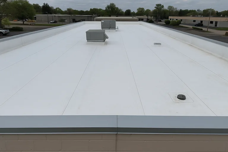 White TPO membrane roof on a flat commercial building with rooftop HVAC units